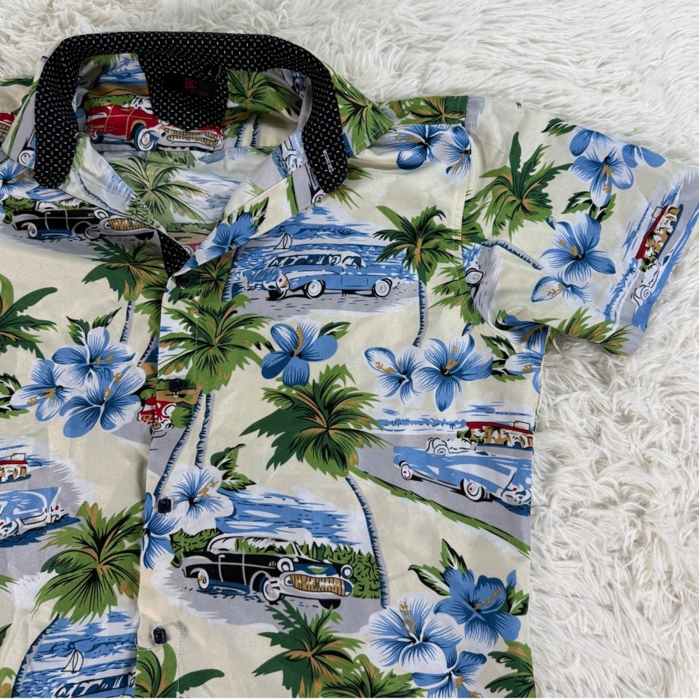 BC Collection‎ Mens Tropical Hawaiian Shirt Large Classic Cars Palm Trees Floral